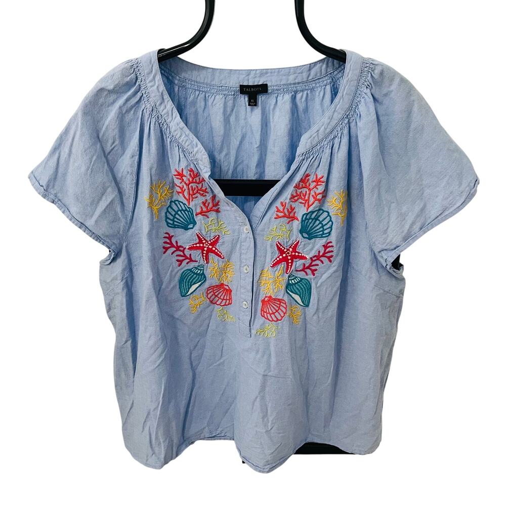Talbots Blue Linen Cotton Top Womens XL Embroidered Seashell Starfish Coastal
